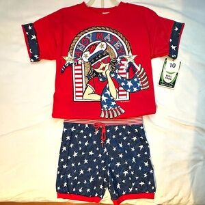 Vintage Bull Frog Girls Outfit Shorts & Tshirt 10 USA Red White Blue Stars Flag